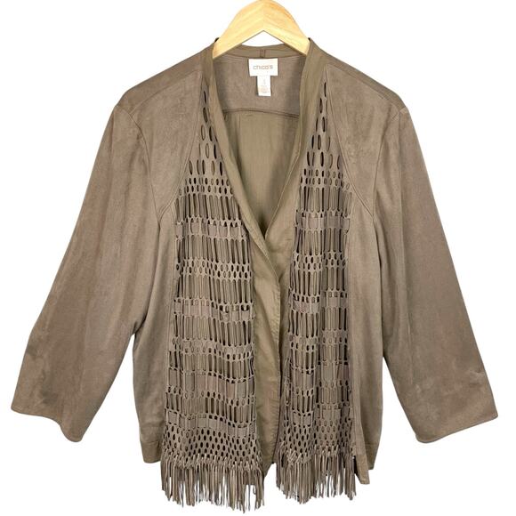 Chico's Women's XL Tan Faux Suede Fringe Lattice Ribbon Cutout Jacket - Picture 2 of 11